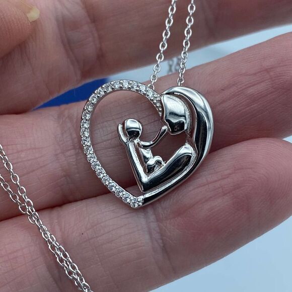 Sterling Silver Mother Child Heart Pendant Necklace - Picture 5 of 5